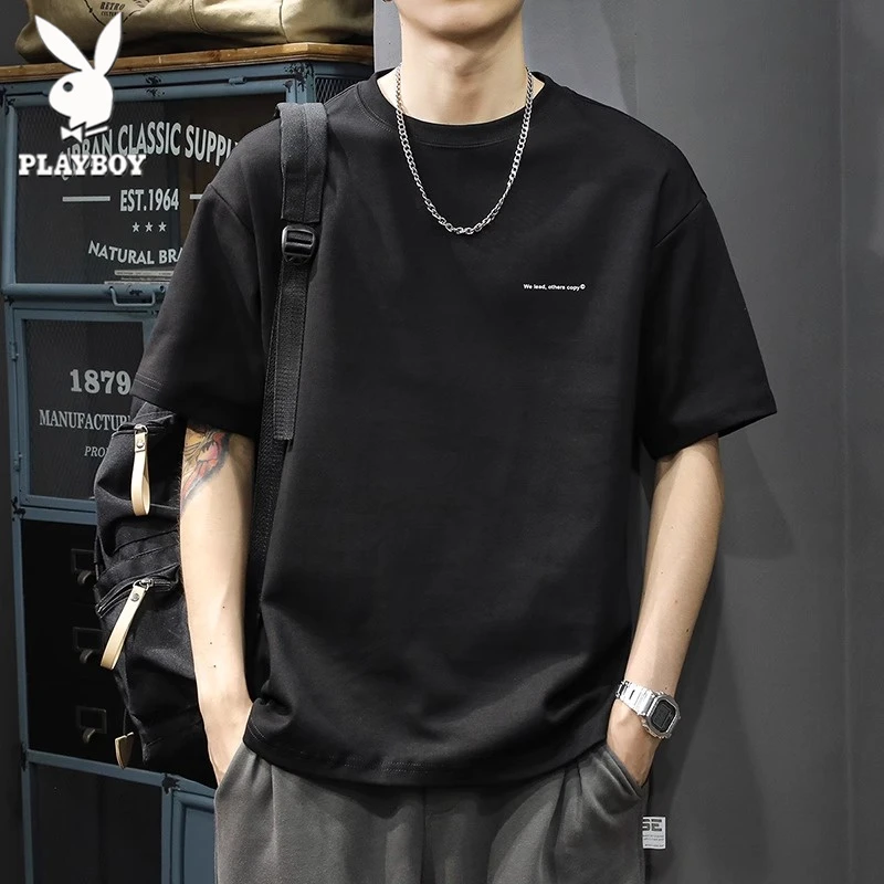 花花公子夏季新款男士短袖T恤美式宽松简约休闲打底轻奢痞帅男装