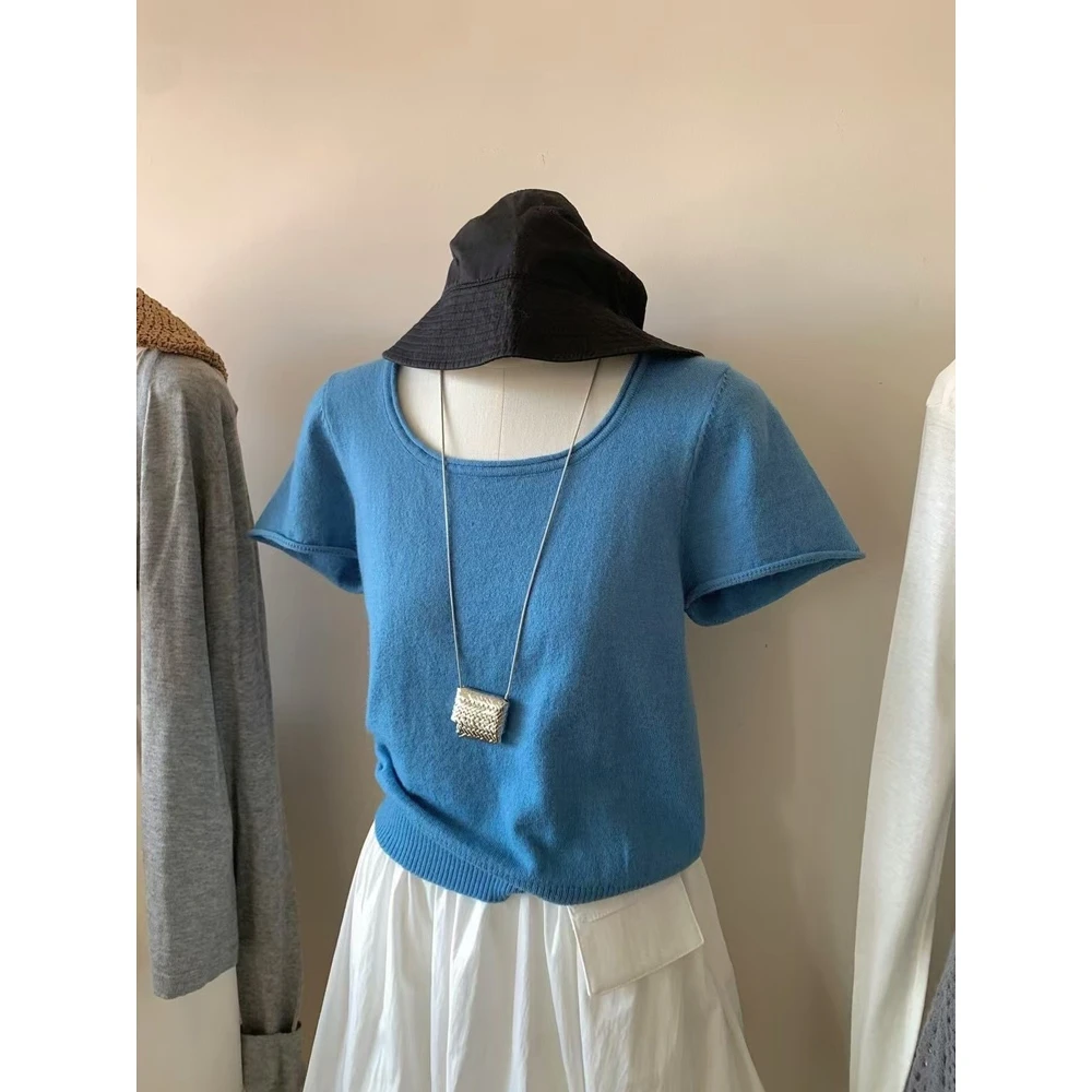 韩系蓝色别致方领短袖t恤女夏季小个子短款U领针织正肩显瘦上衣薄