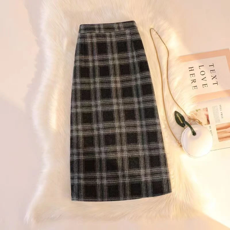 【热卖】格子毛呢半身裙2023秋冬新款韩版高腰松紧加厚保暖开叉包臀