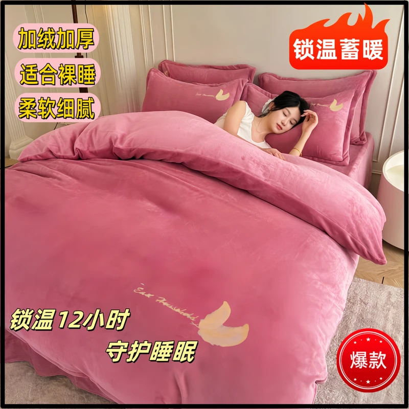 羽梦加厚纯色高端牛奶绒床裙被套加厚刺绣绒被奶绒绣花