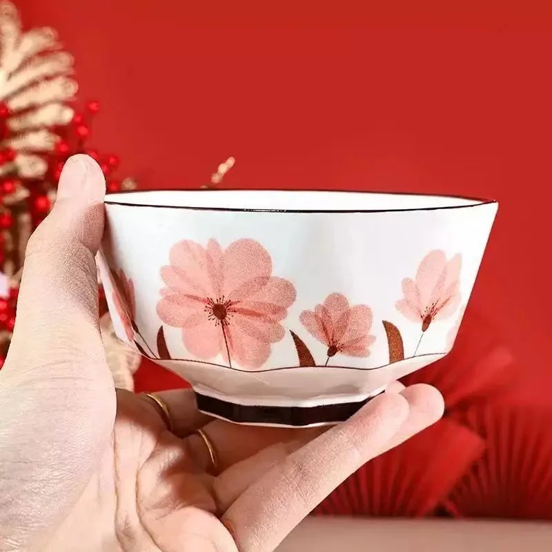 家用盘送礼陶瓷餐具乔迁之喜餐具花语时光釉下彩5英寸樱花碗6个