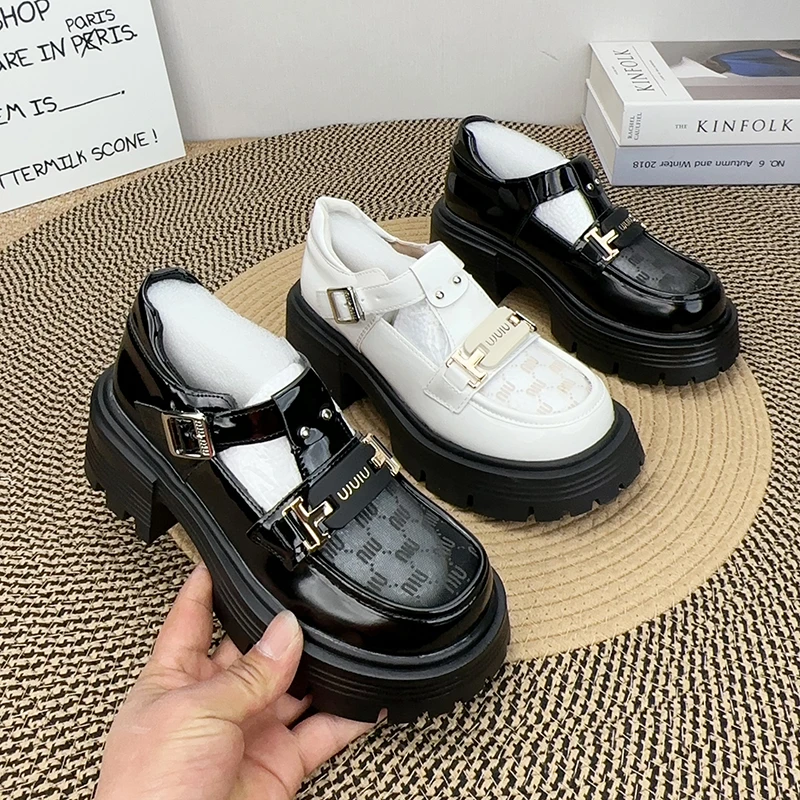 英伦风镂空乐福鞋女2025夏新款百搭透气厚底网纱单鞋一脚蹬小皮鞋