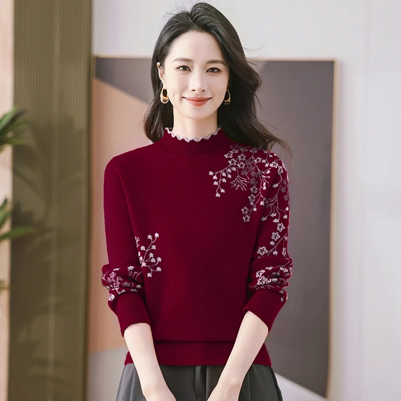 时尚洋气中国风新款宽松百搭半高领显瘦高档简约女士气质年龄毛衣