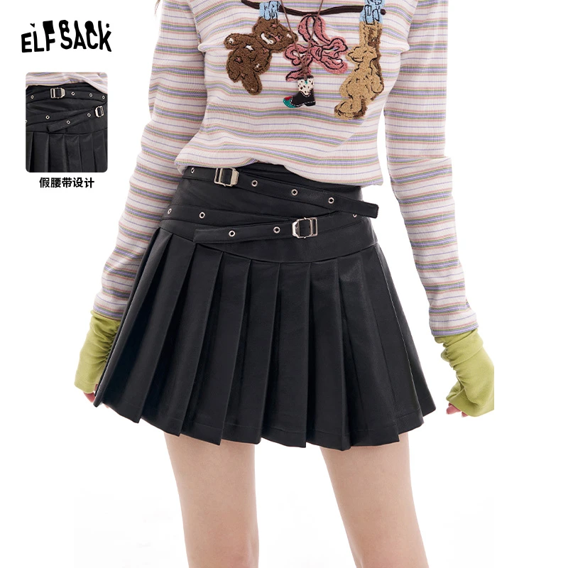 妖精的口袋黑色a字仿pu皮半身裙女2025年冬季新款甜酷百褶裙短裙