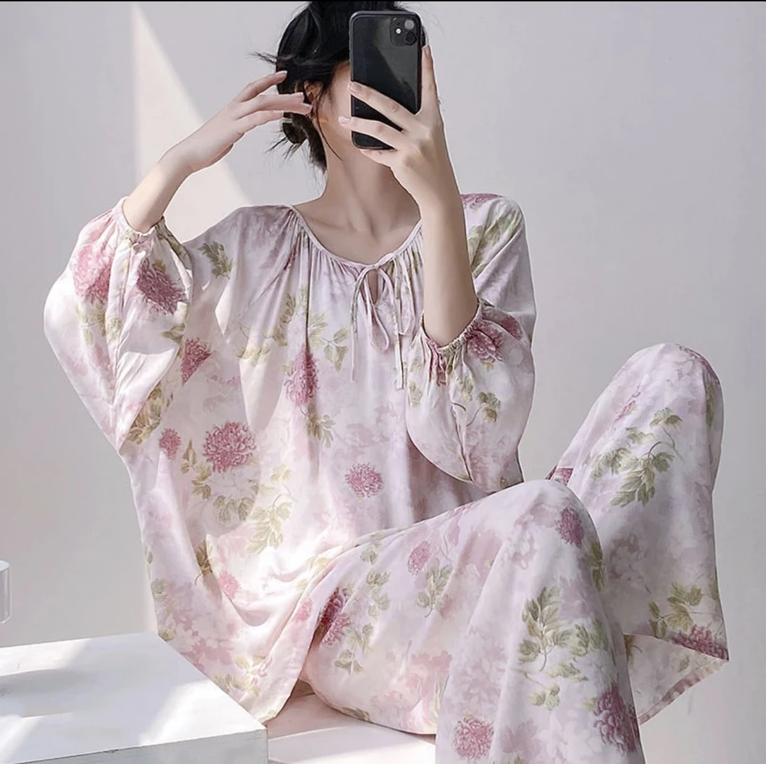 夏季大码宽松高品质棉绸睡衣女士长袖长裤套装国风家居服春秋