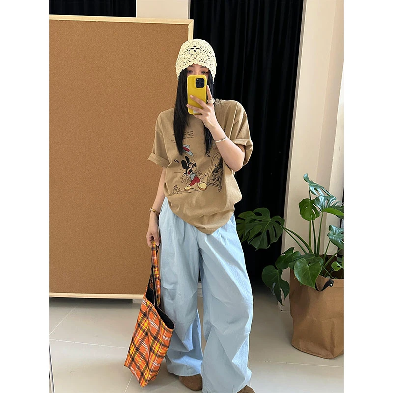 慵懒舒适风设计感卡通印花短袖T恤上衣宽松百搭显瘦休闲阔腿裤女