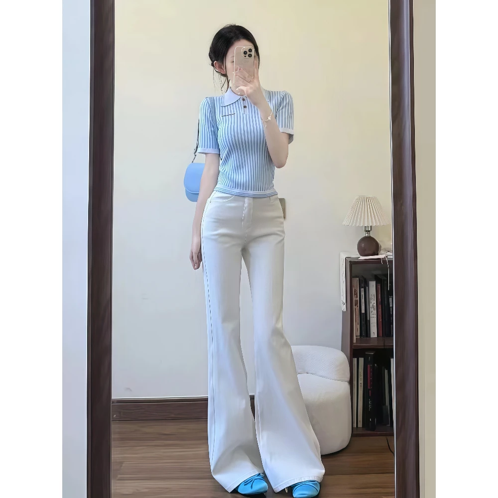 炸街多巴胺显高气质穿搭一整套夏季针织上衣白色微喇牛仔裤两件套