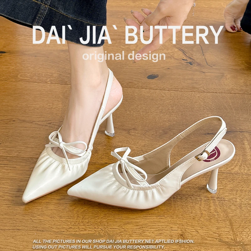 蝴蝶结褶皱包头凉鞋女高跟鞋后空配裙子2025夏季新款尖头细跟