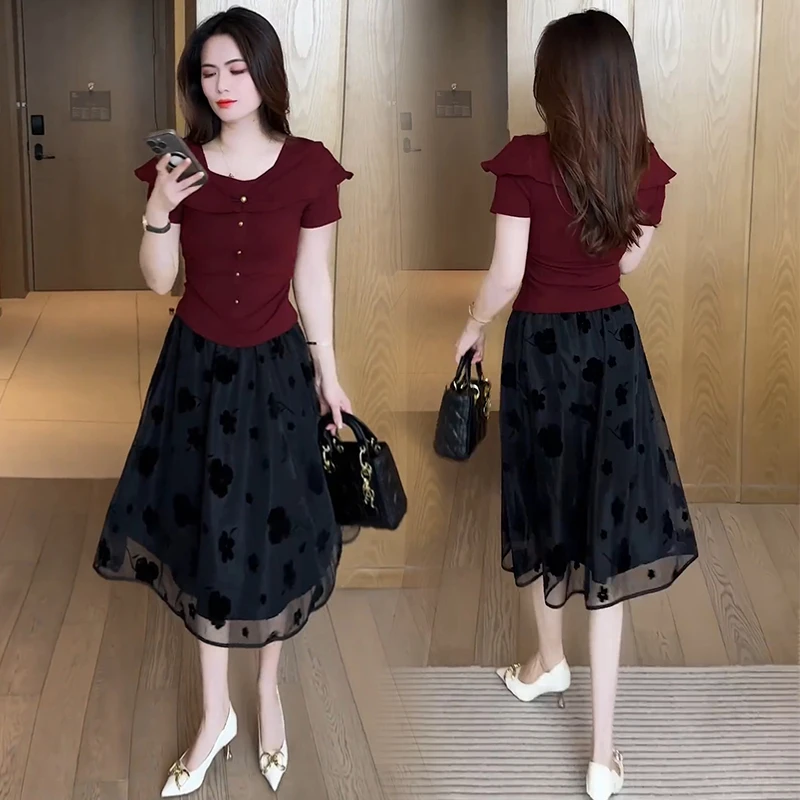 时尚洋气套装裙女夏季新款设计感显瘦短袖T恤上衣网纱裙两件套潮