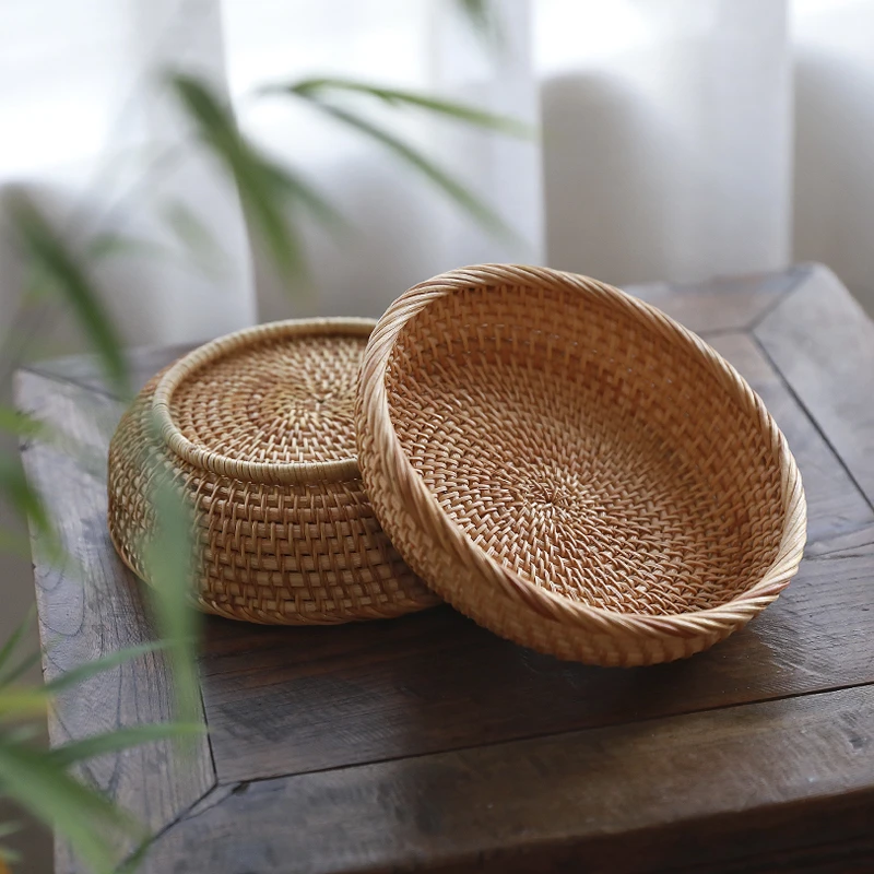 【虫子小院】复古手工藤编水果盘圆形收纳篮编制托盘家用零食点心筐