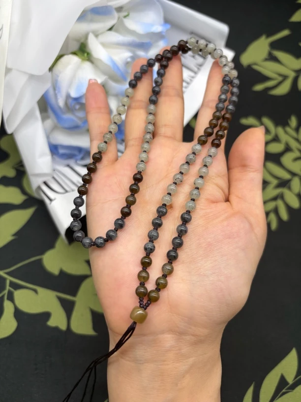 福利款新疆和田玉聚墨圆珠5mm点墨青花老料玉石挂坠绳项链毛衣链