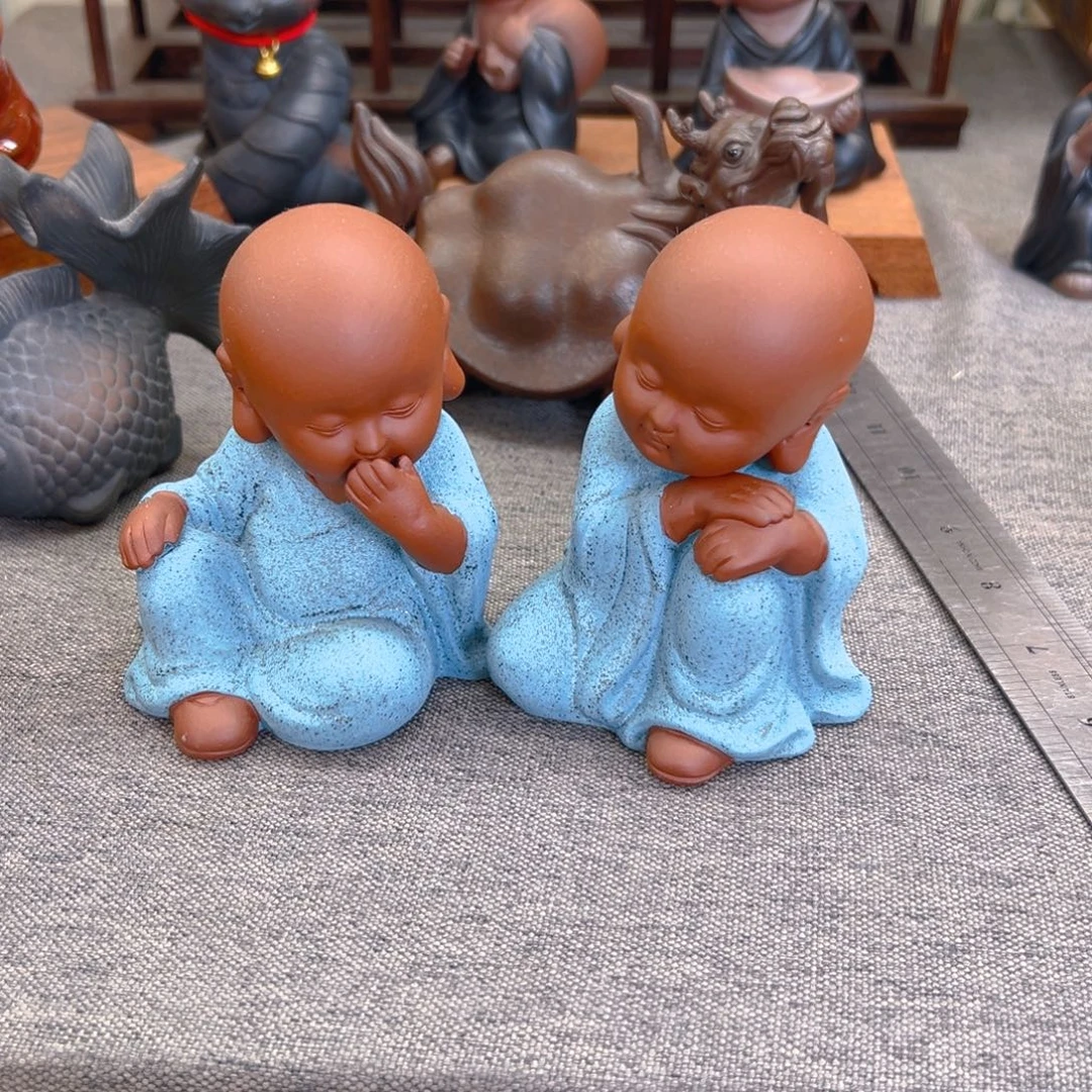 新***念紫砂茶宠蓝色不说不动小和尚