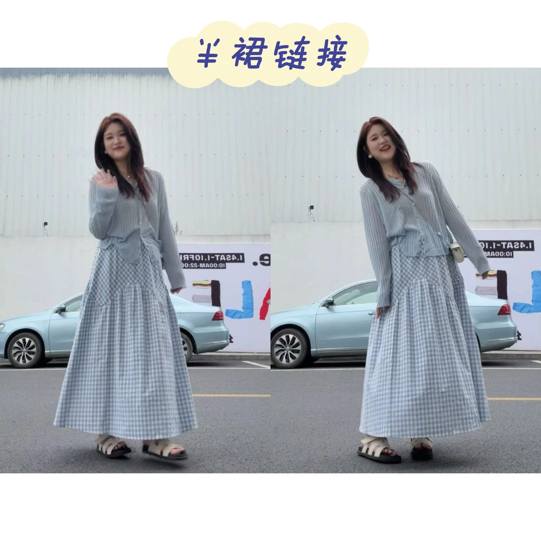 晶咕佳佳【格纹颂】松紧腰格子伞形半身裙显瘦高腰宽松甜美