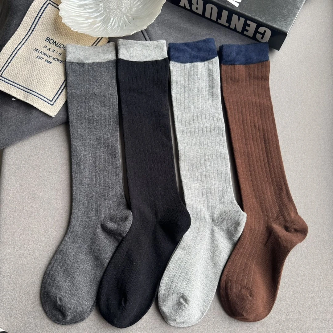 拼接双色灰色jk风双针撞色ins甜美及膝小腿袜堆堆袜英伦学院风