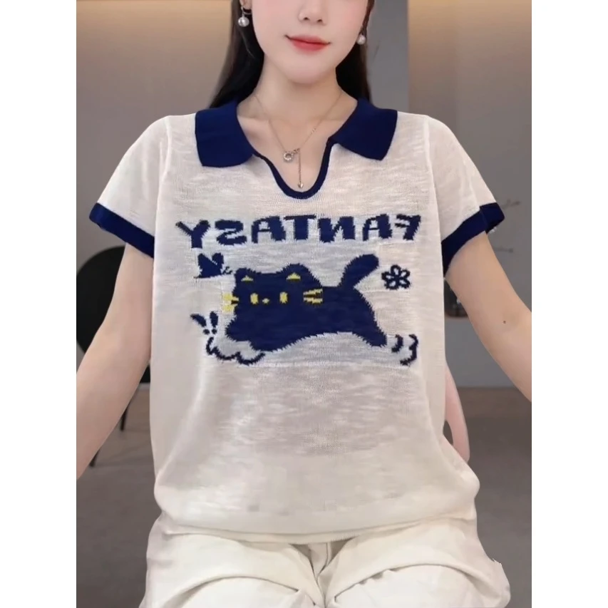米白色翻领小猫提花减龄针织短袖t恤女夏新款时尚显瘦休闲上衣薄