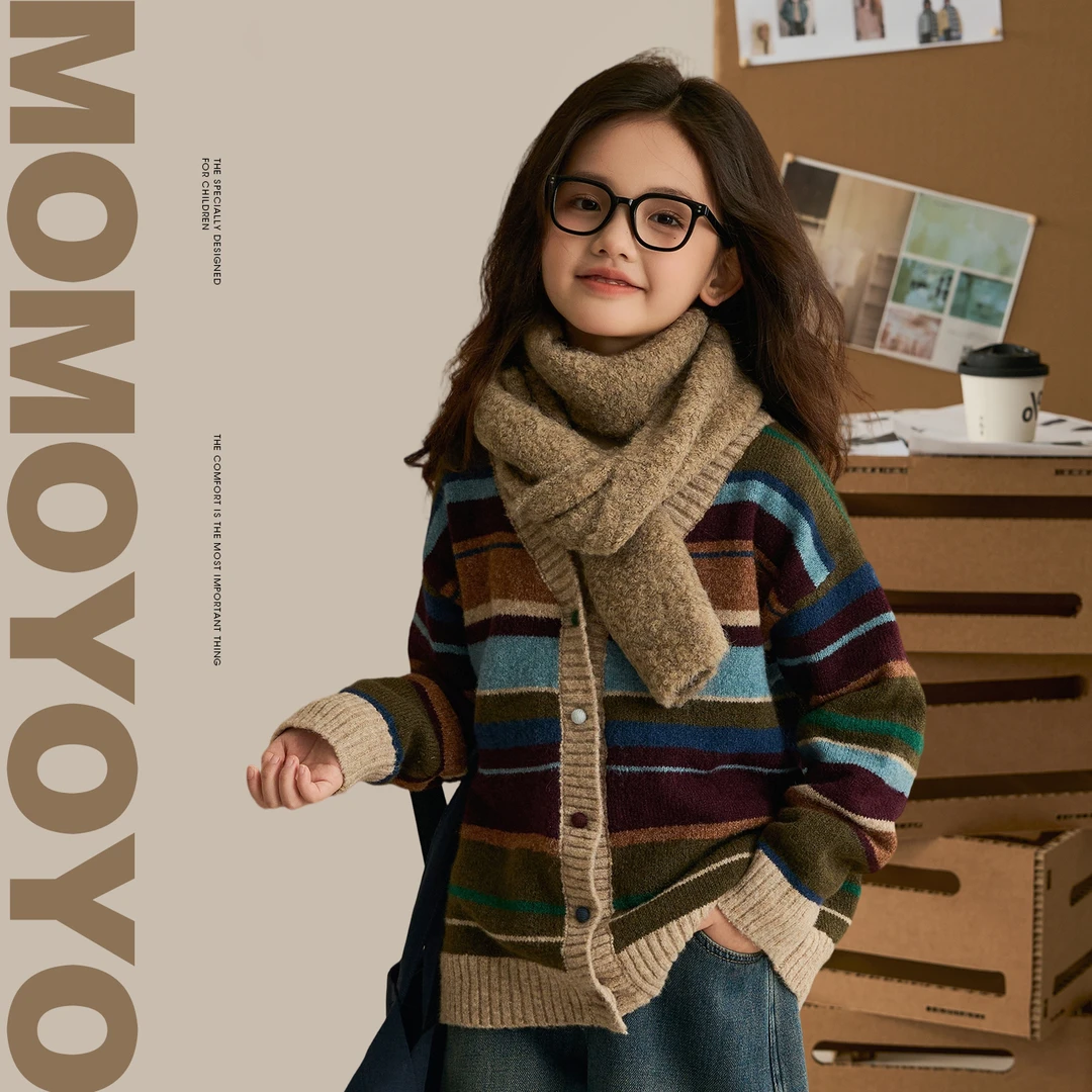 【秋风来信】儿童圆领毛衣女童撞色针织开衫外套8881D