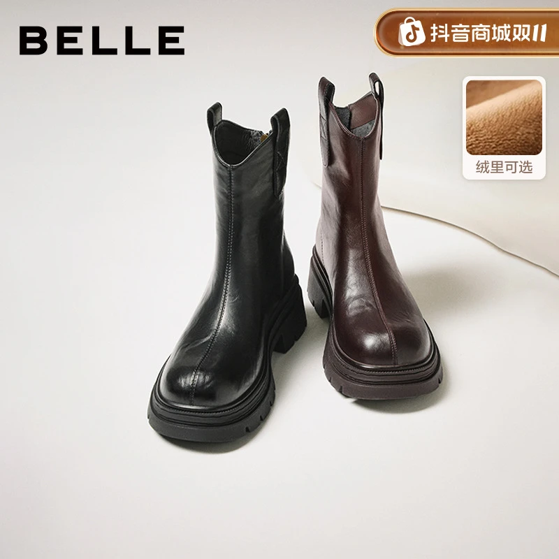 百丽复古弹力靴女鞋2025冬季新款粗跟厚底增高软底休闲瘦瘦靴短靴