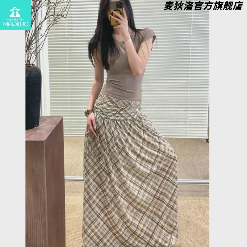 韩系复古V领木耳边弹力紧身外穿上衣女夏季网纱格子半身裙长裙子