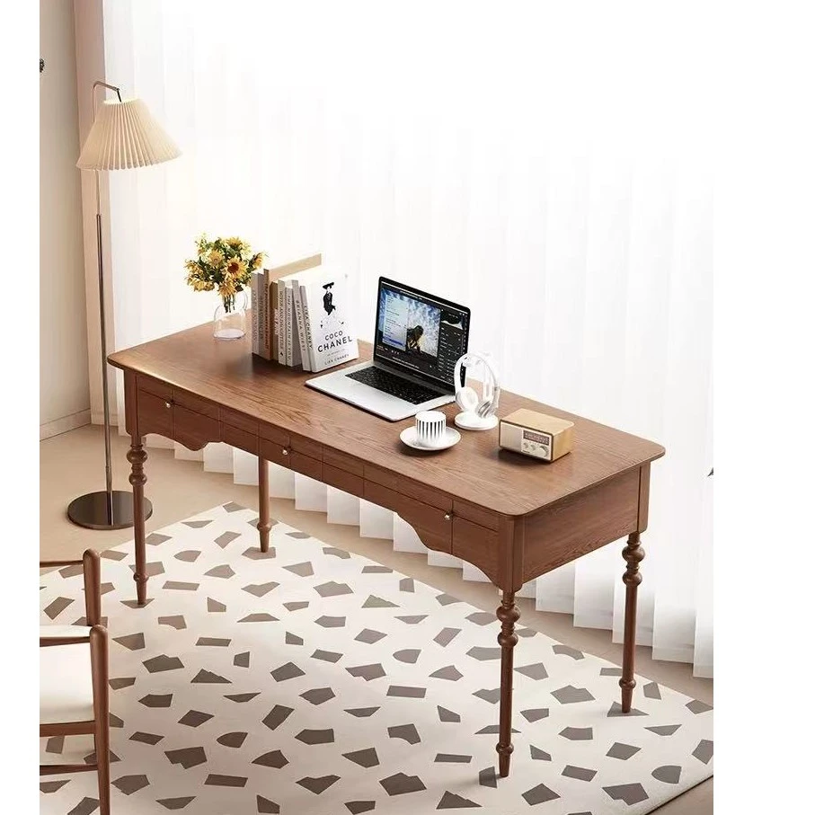 法式全实木书桌学生家用学习桌中古风家用小户型卧室电脑桌办公桌