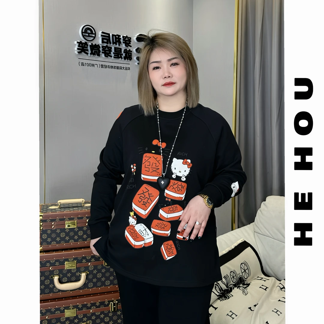 52285 和后大码 长袖休闲时尚百搭情侣印花圆领宽松加绒卫衣