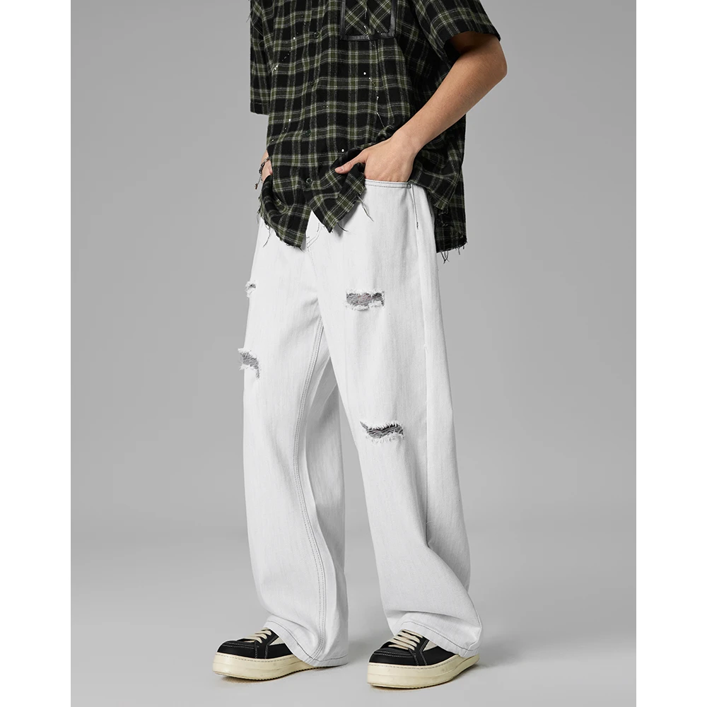 夏季新款美式高街破洞浅色水洗垂感牛仔裤男宽松直筒