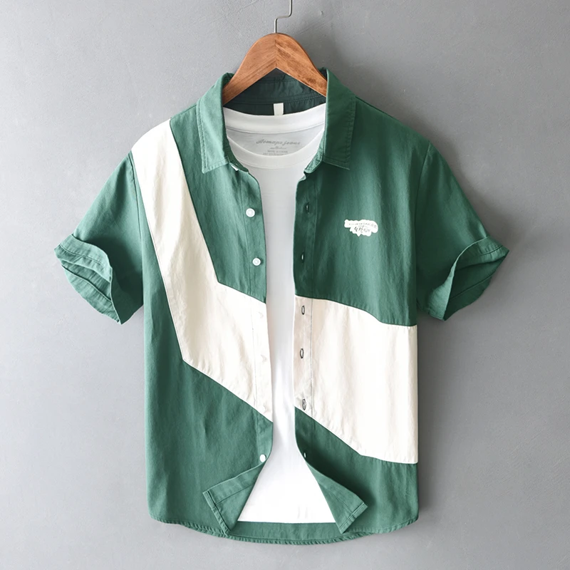 撞色拼接印花潮流短袖衬衫男夏季纯棉设计感休闲半袖衬衣宽松百搭