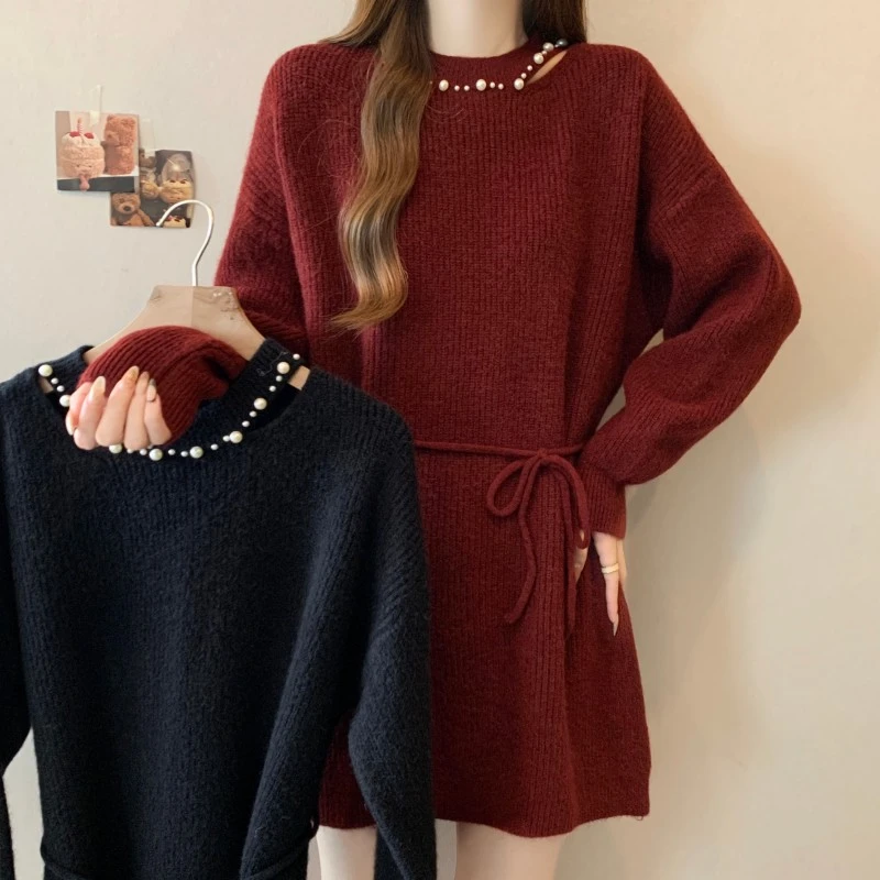 大码胖MM秋冬新款钉珠心机镂空领系带收腰长袖中长款毛衣