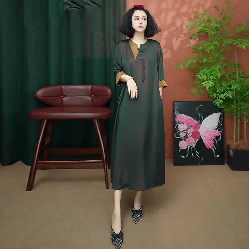 新款高端洋气连衣裙气质妈妈中长款撞色拼接长裙中老年大码打底裙