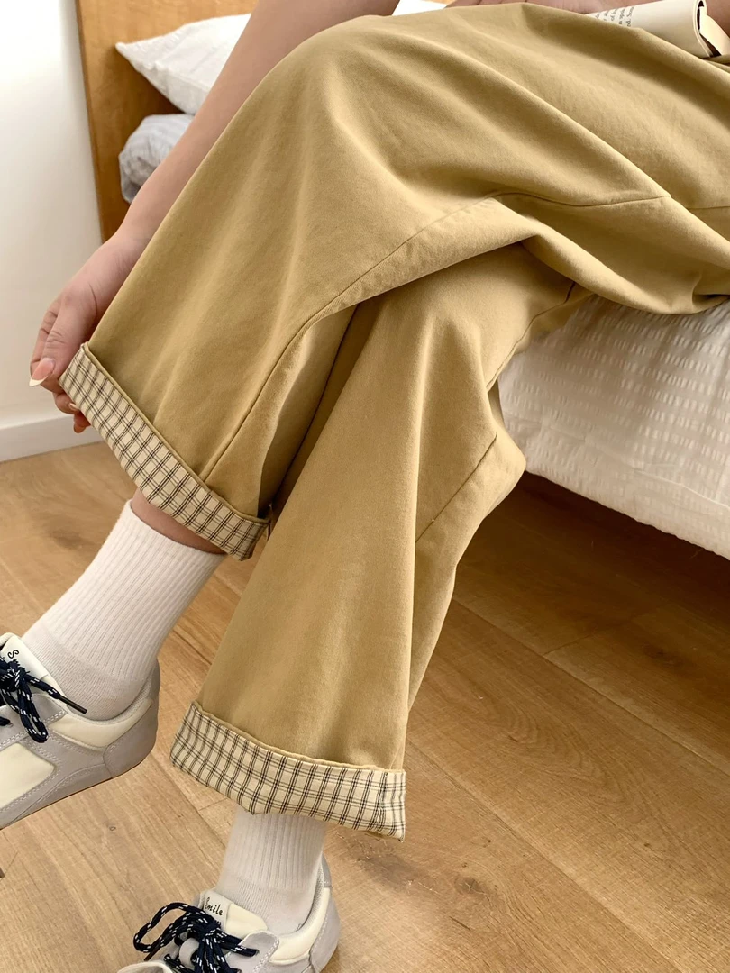 2575-【韩系穿搭】春季韩版新款底部外翻卡其格子腰部三颗扣休闲裤