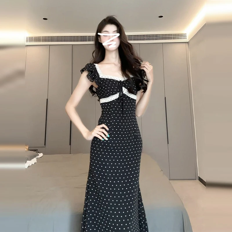 法式飞飞袖蕾丝碎花连衣裙子女夏季2025新款气质小个子波点鱼尾裙