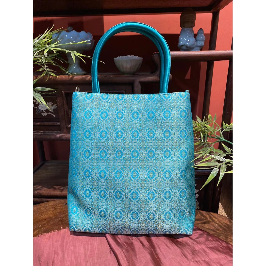 【绿定胜】宋锦定胜纹托特包手工包女手提包复古斜挎口金包宴会包