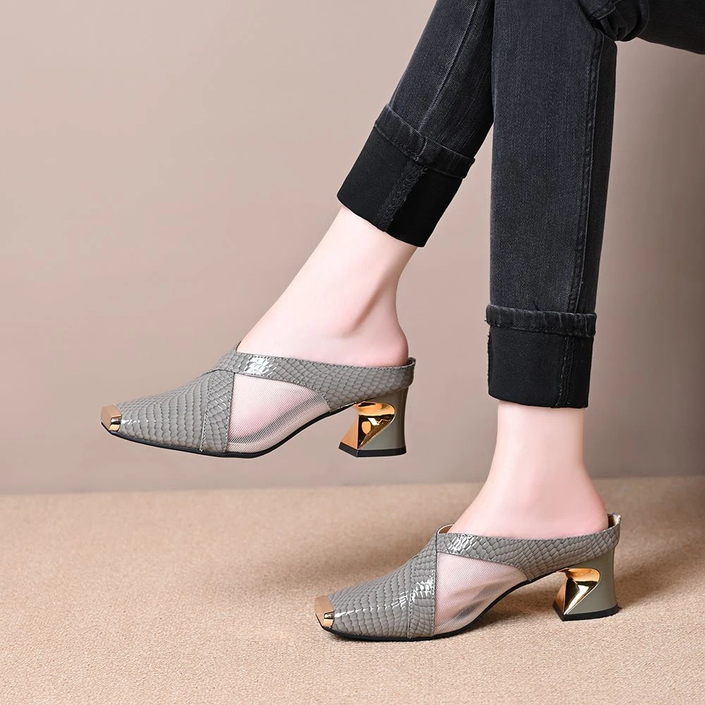 懒人包头半拖鞋女2025夏季新款时尚方头粗跟舒适百搭高跟外穿凉拖