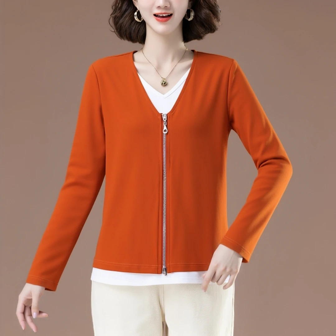 妈妈超好看长袖t恤女士春秋大码秋衣时尚假两件v领上衣洋气打底衫