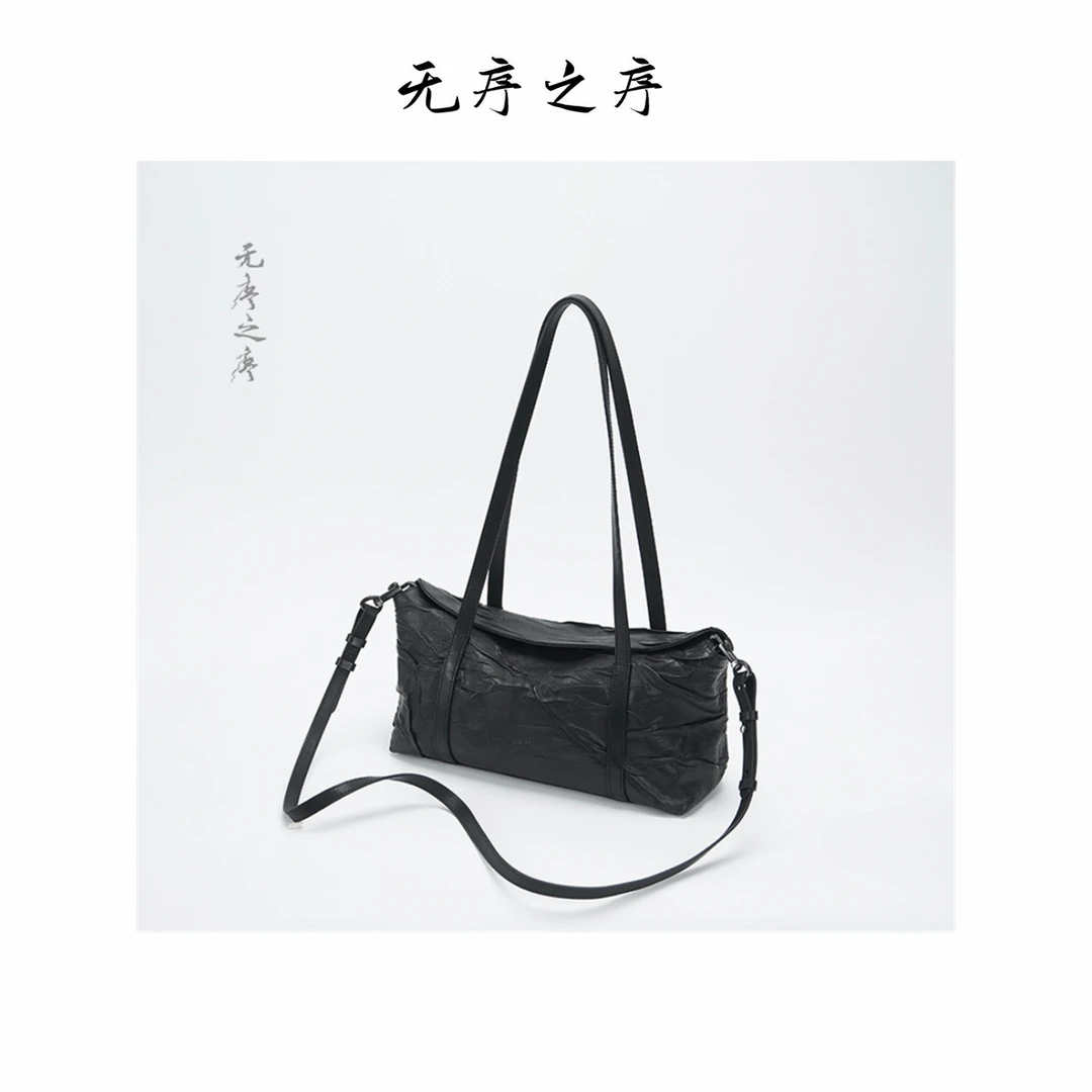 黑色褶皱简约时尚休闲百搭真皮通勤女士腋下牛皮托特包3C241016A