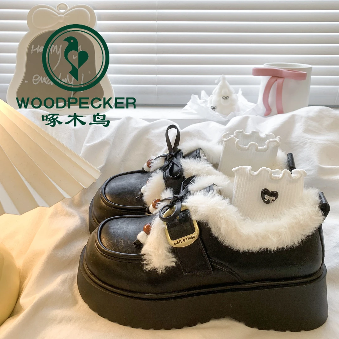 啄木鸟加绒蝴蝶结小皮鞋女款2025秋冬新款厚底保暖毛毛棉鞋乐福鞋