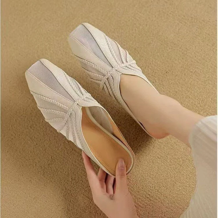 内增高网纱镂空拼接亮皮包头半拖鞋女2025新款夏方头中跟凉拖坡跟