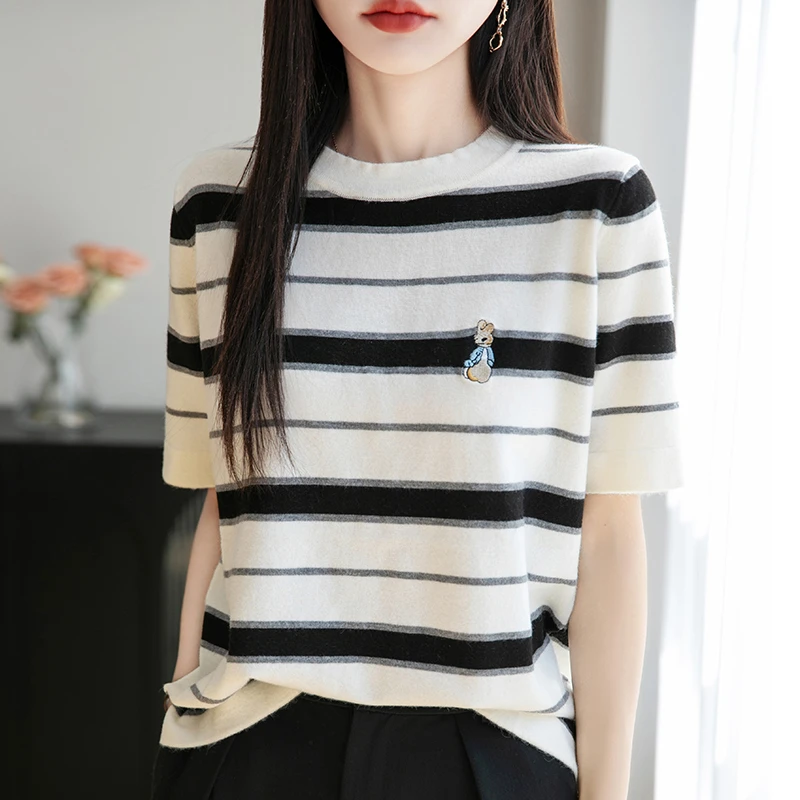 品牌夏季新款时尚圆领针织衫宽松休闲条纹短袖t恤上衣