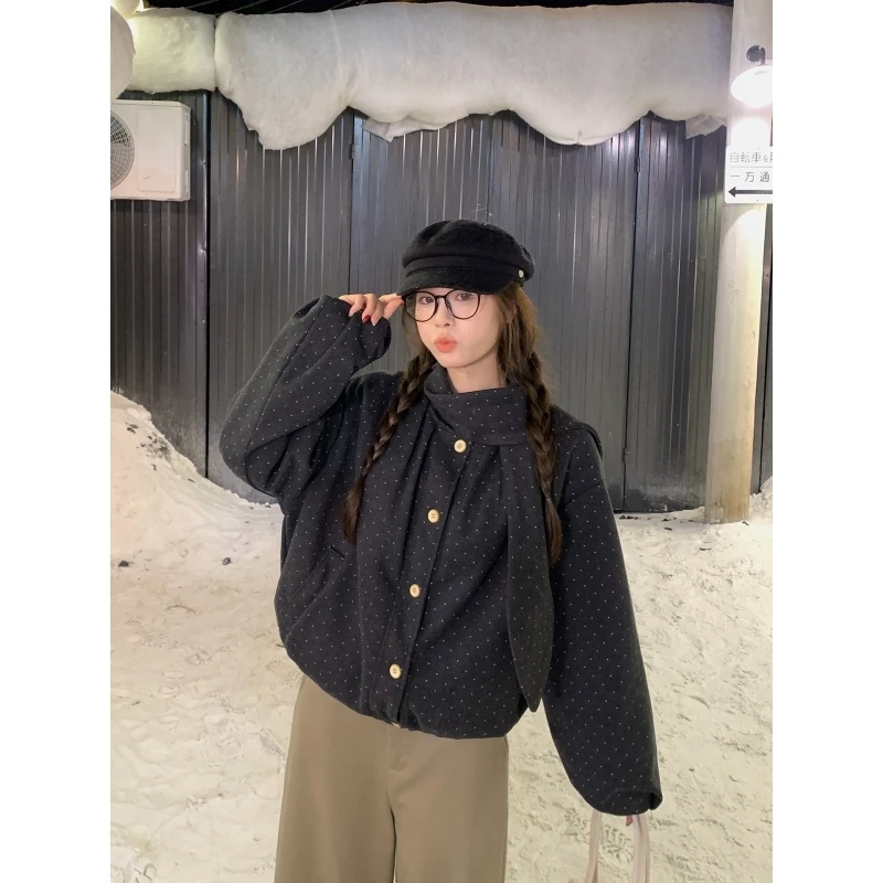 乌77韩系设计波点围巾领外套女夹棉宽松百搭加厚毛呢夹克上衣冬季