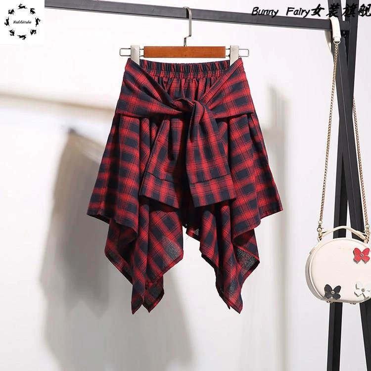 不规则格子半身裙女夏季新款松紧腰街舞裙学生裙高腰包臀裙超短裙