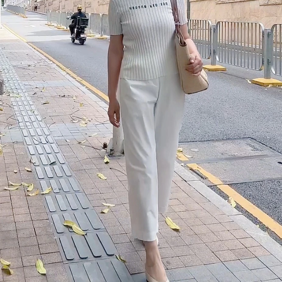 【雅•形象】白色茧型高织棉九分裤