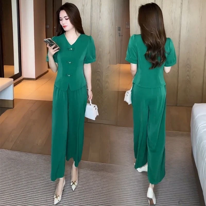 新中式时尚套装女2025夏季新款洋气显瘦盘扣短袖阔腿两件套