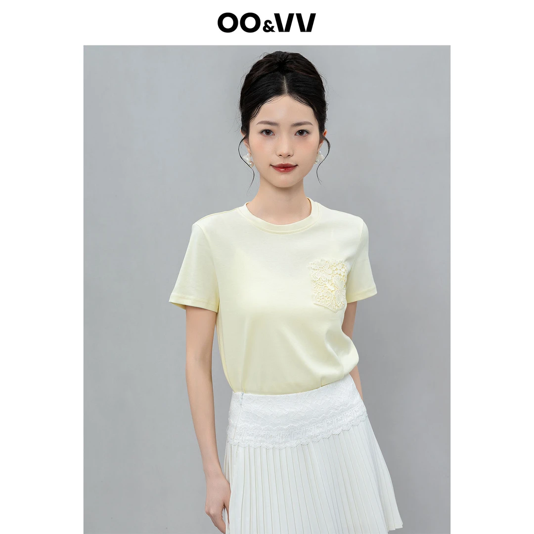 OO&VV短款女装轻职风时尚圆领短袖运动夏季多巴胺刺绣T恤百搭女士