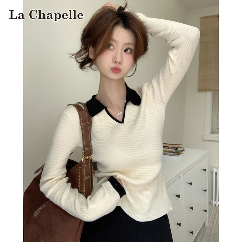 拉夏贝尔韩版撞色Polo领内搭针织衫女2026早春款气质V领打底毛衣