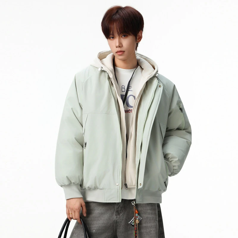 听风入耳新款冬季大码棉服棉袄连帽假两件韩版宽松外套男士棉衣