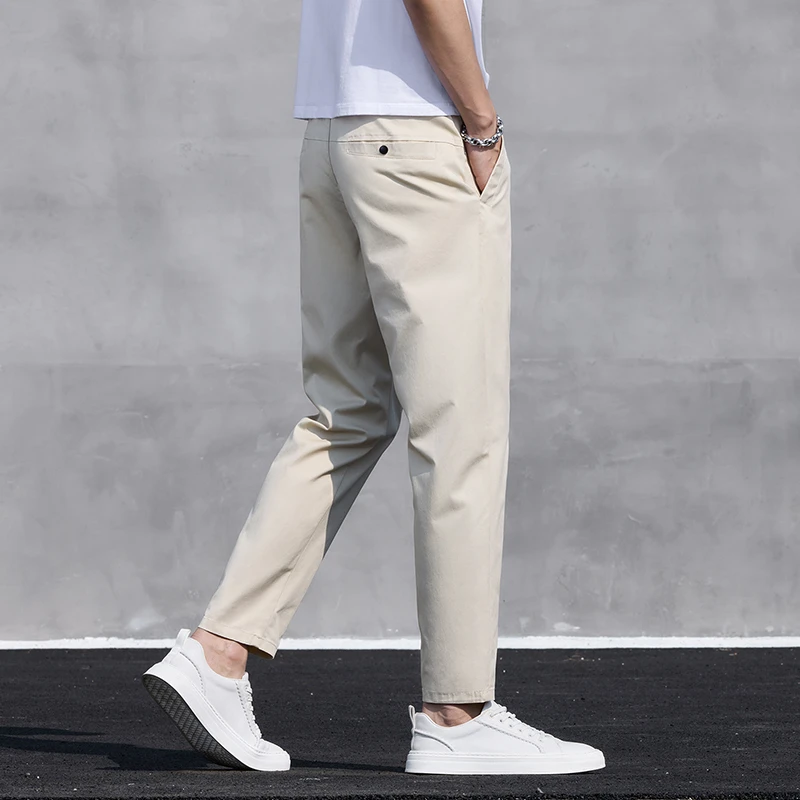 米白色九分裤休闲裤男士夏季冰感九分裤男士男裤直筒江南风