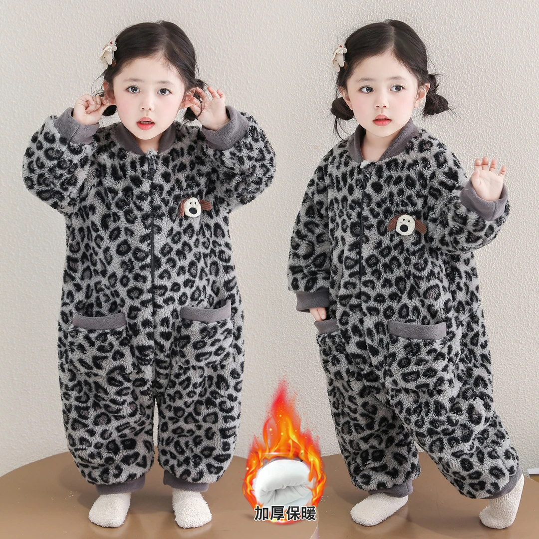 儿童连体睡衣秋冬季法兰绒双层宝宝婴儿睡袋女童珊瑚绒防着凉爬服