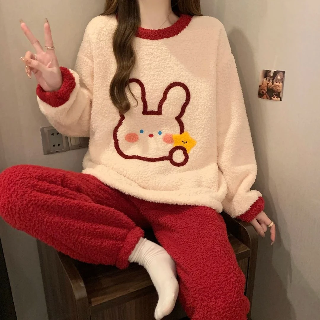 睡衣女软绵绵半边绒冬季加厚加绒保暖套装新款卡通宿舍学生家居服