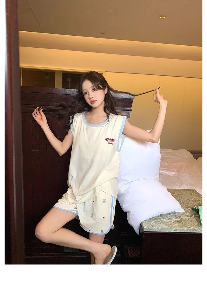 夏季卡通小熊家居服睡衣女无袖短裤休闲设计感运动韩版套装可外穿