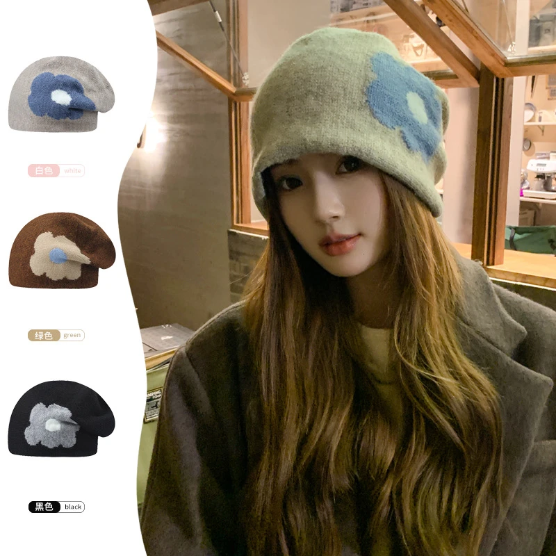 秋冬季韩国设计师复古花朵小香毛线帽女百搭针织帽保暖护耳堆堆帽