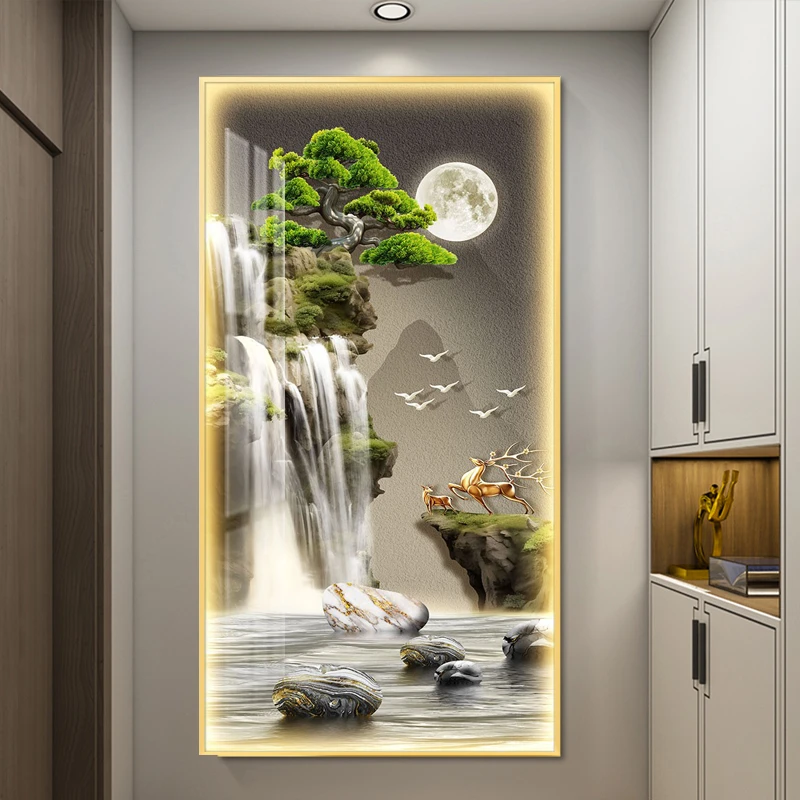 迎客松轻奢led灯入户玄关装饰画走廊过道挂画壁画简约现代高级感